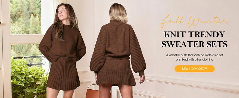 Imily Bela Women's 2 Piece Outfits 2025 Long Sleeve Mock Neck Ribbed Sweaters And Mini Skirt Two Piece Sets