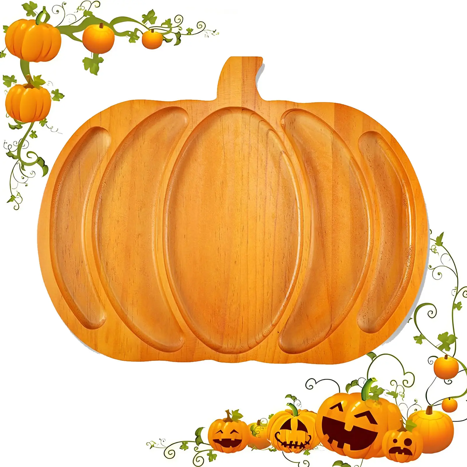 1 Pcs Extra-Large Pumpkin Wooden Serving Platter, 15 inch Divided Charcuterie Platter, Fall Harvest Serving Tray, Thanksgiving Halloween Party Tray for Fruit, Cheese, Appetizer, Snack