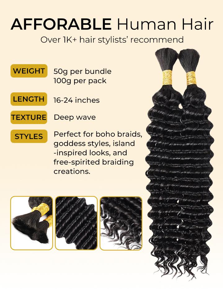 [Wequeen] Easy Braiding Deep Wave Bulk Human Hair 16"-24" For Boho Braids Trendy In Summer Natural Black Afro Braided