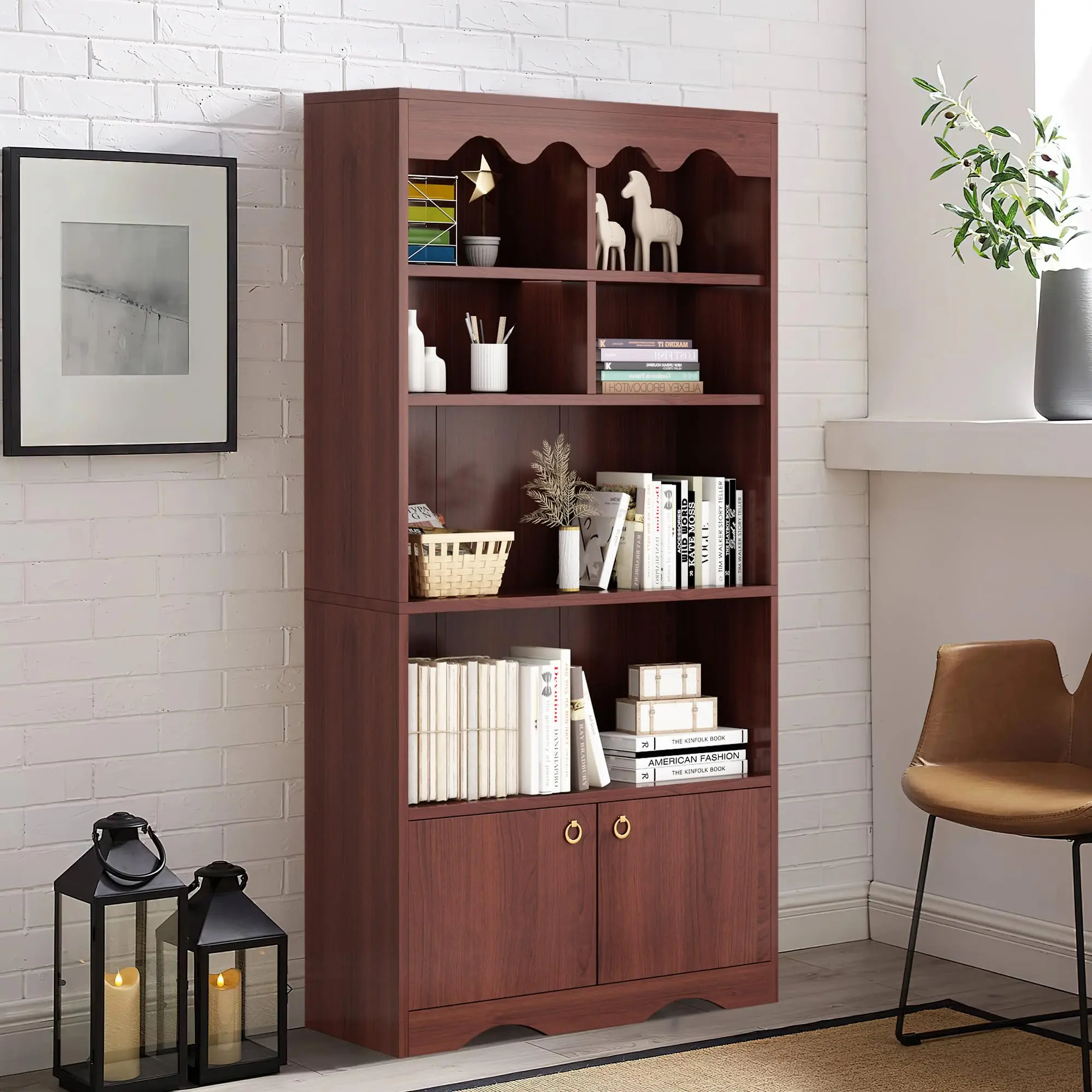 GARVEE 5 Tier Bookcase with Doors, 63 in Tall Mid Century Modern Bookshelf with Cabinets, Wood Book Shelf Display Cabinet for Bedroom, Living Room, Office, Walnut