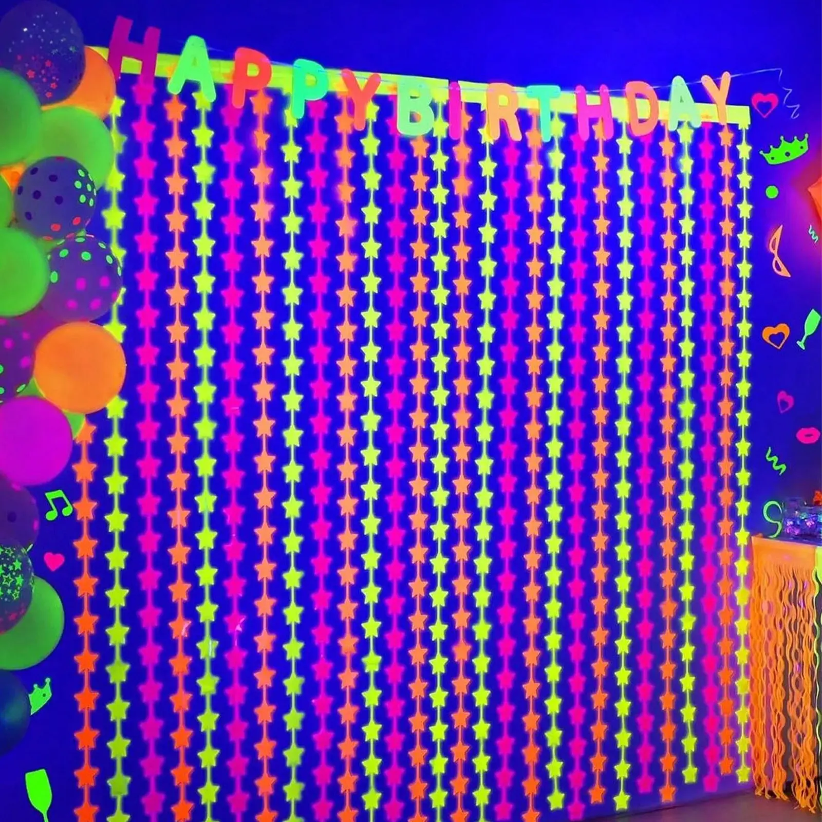 4-Piece Oversized Glow-In-The-Dark Party Set, Neon Party Decorations, Party Decoration Supplies, Decorative Banner, 3.3x6.6ft Star Metal Wire Fringe Curtains