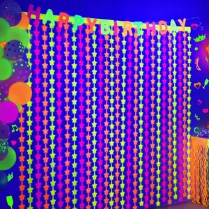 4-Piece Oversized Glow-In-The-Dark Party Set, Neon Party Decorations, Decorative Banner, 3.3x6.6ft Star Metal Wire Fringe Curtains