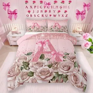 Pink Bow Comforter Set,Personalized Initial Letter A Bedding Set for Girls, Princess Ribbon Bowknot Monogrammed Comforter