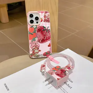 6 Piece Set Strawberry Pattern Protective Phone Case, Charger Head Cover, Cable Protector, Storage Rope, Data Line Protection, Accessories, Fits iPhone 6-17 Pro Max