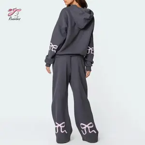 Women's 2 Piece Casual Outfits Long Sleeve Bow Print Hooded Tops Wide Leg Pants Sets 2  piece  sets  women 2  piece  sets