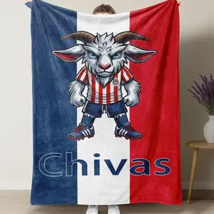 UVVUVV -  Chivas GOAT Mascot Soccer Blanket – Bold Cartoon Goat in Chivas Striped Jersey on Red, White & Blue Background, Perfect for Soccer Fans, Cozy Couch/Bed Decor