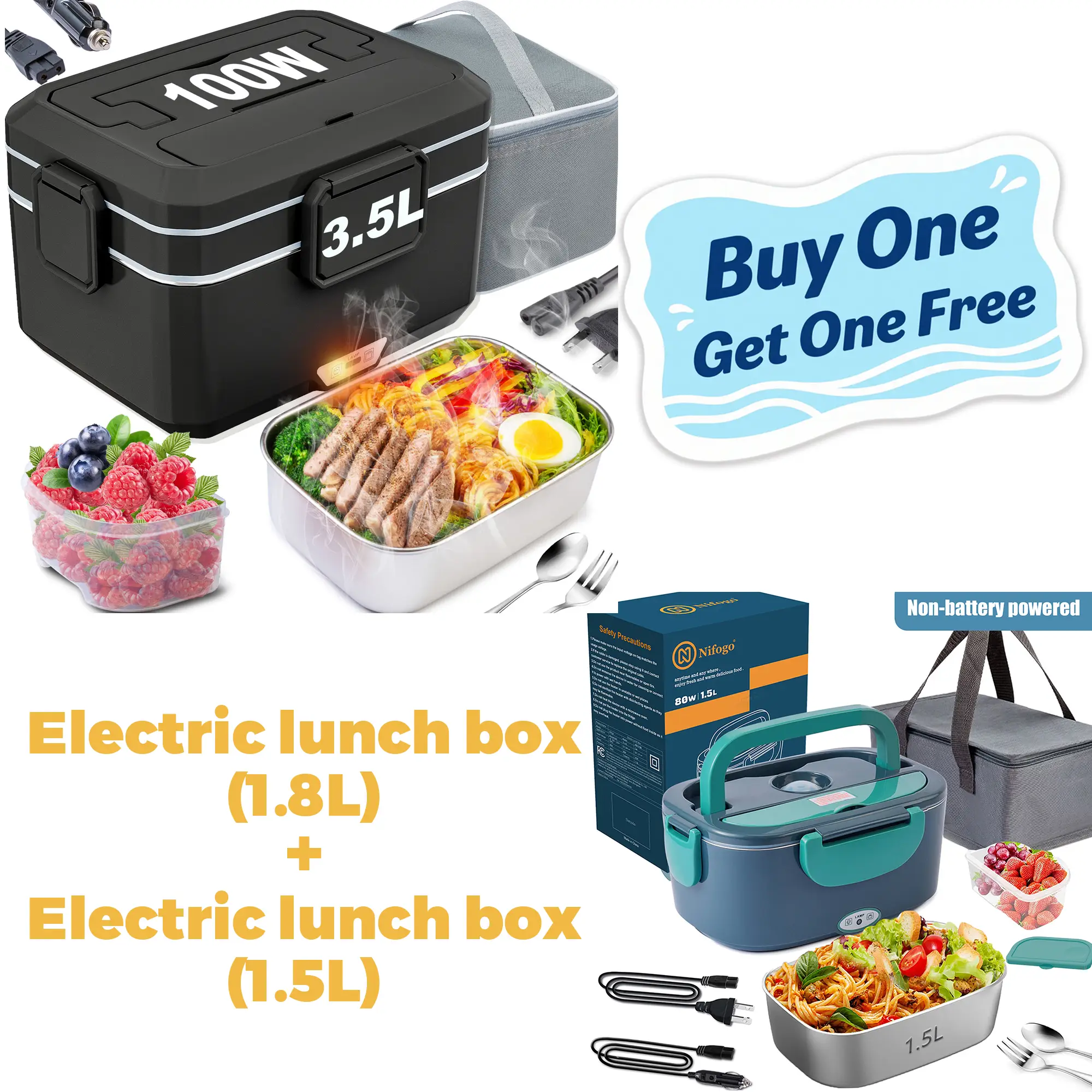 Deals for You Days Electric Lunch Box Portable Food Heater for Adults，80W Food Insulated Lunch Box 1.5&1.8L Stainless Steel Container & Bag 12V/24V/11