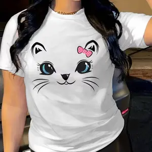 Casual Short sleeved T-shirt with Cute Little Cat Print - Spring New Cat Design Medium Stretch Round Neck Machine Washable Regular Version Top Suitable for All Seasons Wearing Playful Cat Enthusiast T-shirt Suitable for Casual Dressing and Stacking
