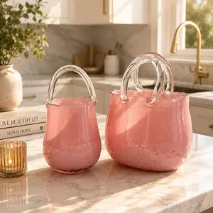 Pink Glass Handbag Vase Set - Aesthetic Home Decor Flower Vases for Living Room Decorations, Room & House Decor