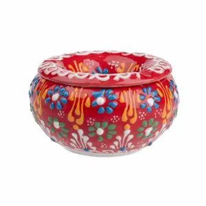 Decorative Ceramic Jar-Colorful Decorative Jar with Lid-Handmade Small Decorative Jar-Windproof Unique Jars-Turkish Home Decor (Red)