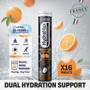 HydraMax Hydration + Sport Effervescent Tablets – Electrolytes with Magnesium, Ginseng & BCAA, Fitness Supplement, Energy Focus, Multivitamin, Orange Flavor, 16 Tablets