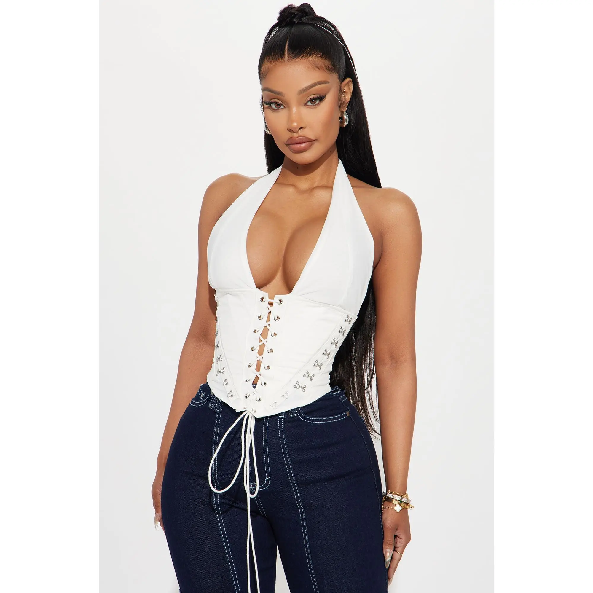 Alexis Lace Up Halter Top - White