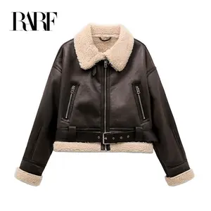 RARF 2024 New Woman's Fashion Thick Warm Faux Shearling Jacket Coat Vintage Long Sleeve Belt Hem Female Outerw Womenswear Tops Outerwear Casual Brown puffer jacket winter clothes women winter coats women