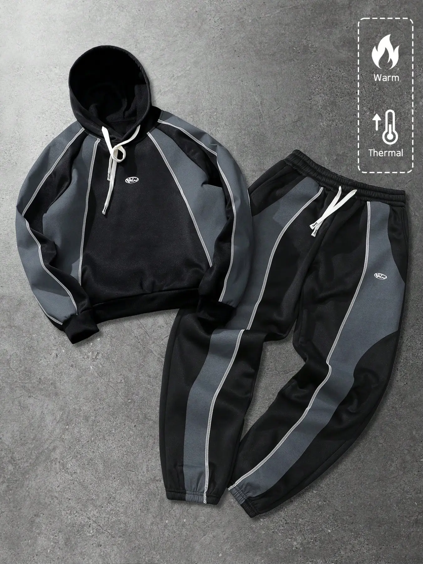 Men's Thermal Lined Tracksuit Set, & Block Hoodie and Joggers, Fitted Long Sleeve Sweatshirt for Fall & Winter, Colorblock Sportswear Set