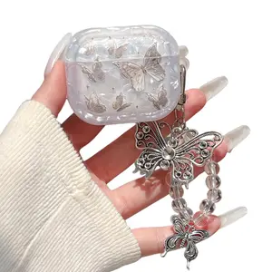 [Free!!Ship!] Butterfly Earphone Case for AirPods 4 Pro 3 2 1 Cute Pearl Shell Design Case with Butterfly Lanyard Shockproof Protective Cover Ideal Gift for Women Girl