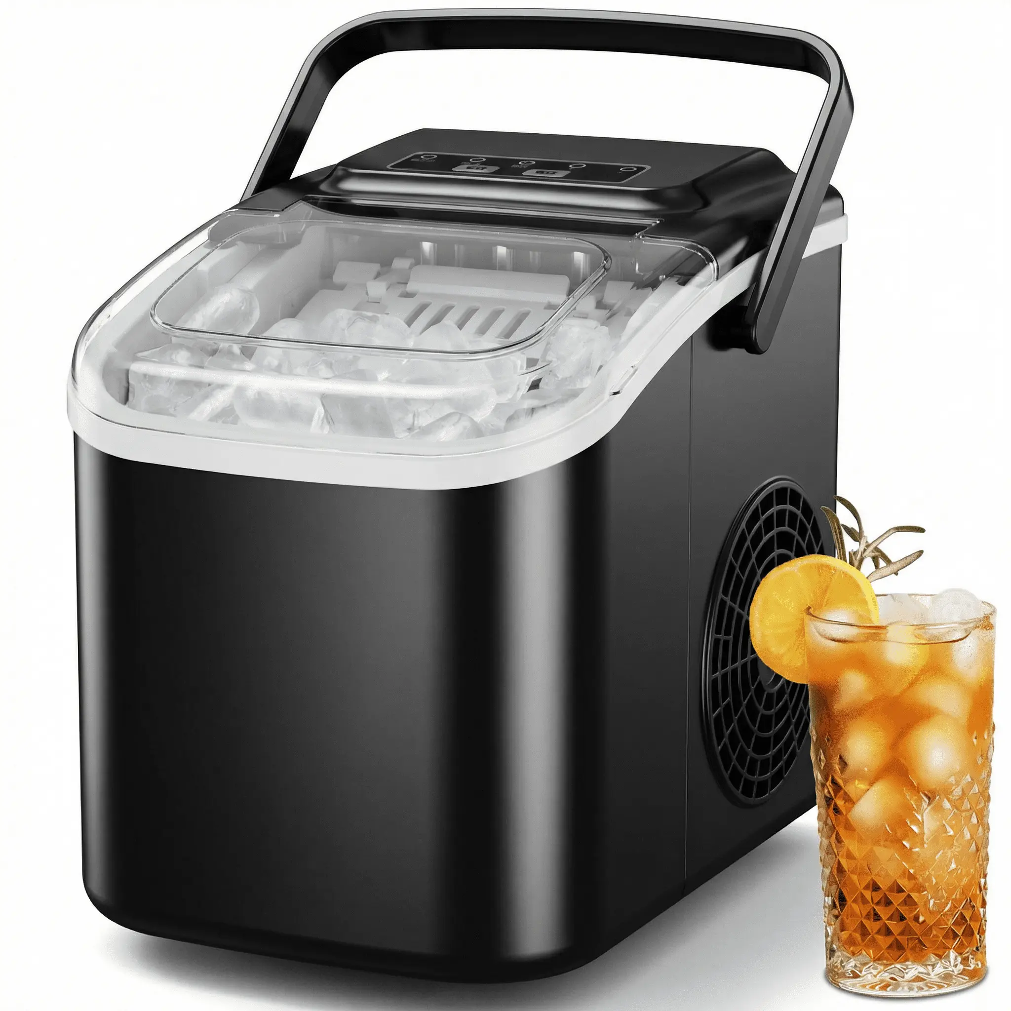 Snowyermine Countertop Ice Maker with Handle, 26 lbs/24H Portable Ice Machine, 2 Bullet Ice Sizes, 8 Cubes in 6 Minutes, Self-Cleaning for Home, Bar, RV and Camping