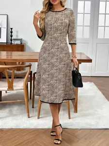 Women's Casual Midi Dress, Full Print Round Neck 3/4 Sleeve, Plaid Pattern Elegant Dress, Party Dress, All Seasons, Casual Wear