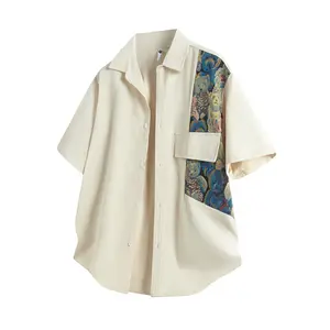 Men’s short-sleeve summer shirt with embroidered patchwork and an irregular bear design; loose, casual fit; trendy pineapple-print short-sleeve shirt for summer; jacquard fabric featuring a small bear motif.