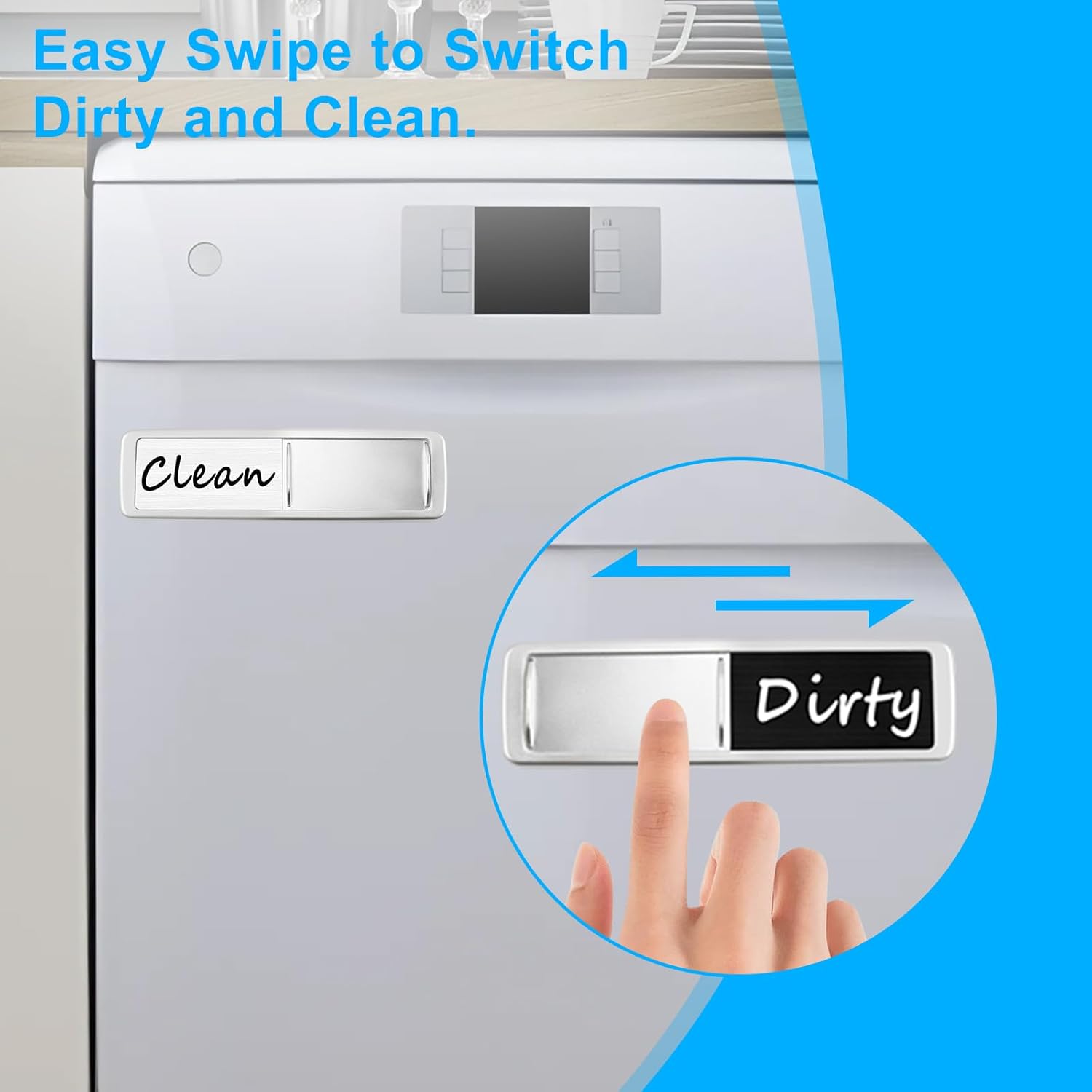 Dishwasher Magnet Clean Dirty Sign, Slide Strong Clean and Dirty Magnet Indicator for Dishwasher, Non-Scratch, Easy to Read, Self-Adhesive Stickers for Non-Magnetic Dishwasher, Refrigerator