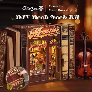 CUTEBEE DIY 3D Book Nook Kit Memories Music Bookshop – Miniature Wooden Music & Bookstore Streetscape with LED Light, Handmade Tiny House Decor | Holiday, Christmas and Black Friday Gift