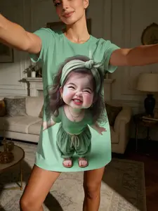 Cute Baby Face Print Short Sleeve Round Neck Sleepwear for Women, Casual Loose-Fitting Home Clothes, All Seasons Comfortable Nightgown, Round Neck Nightdress, Casual Comfy Nightdress