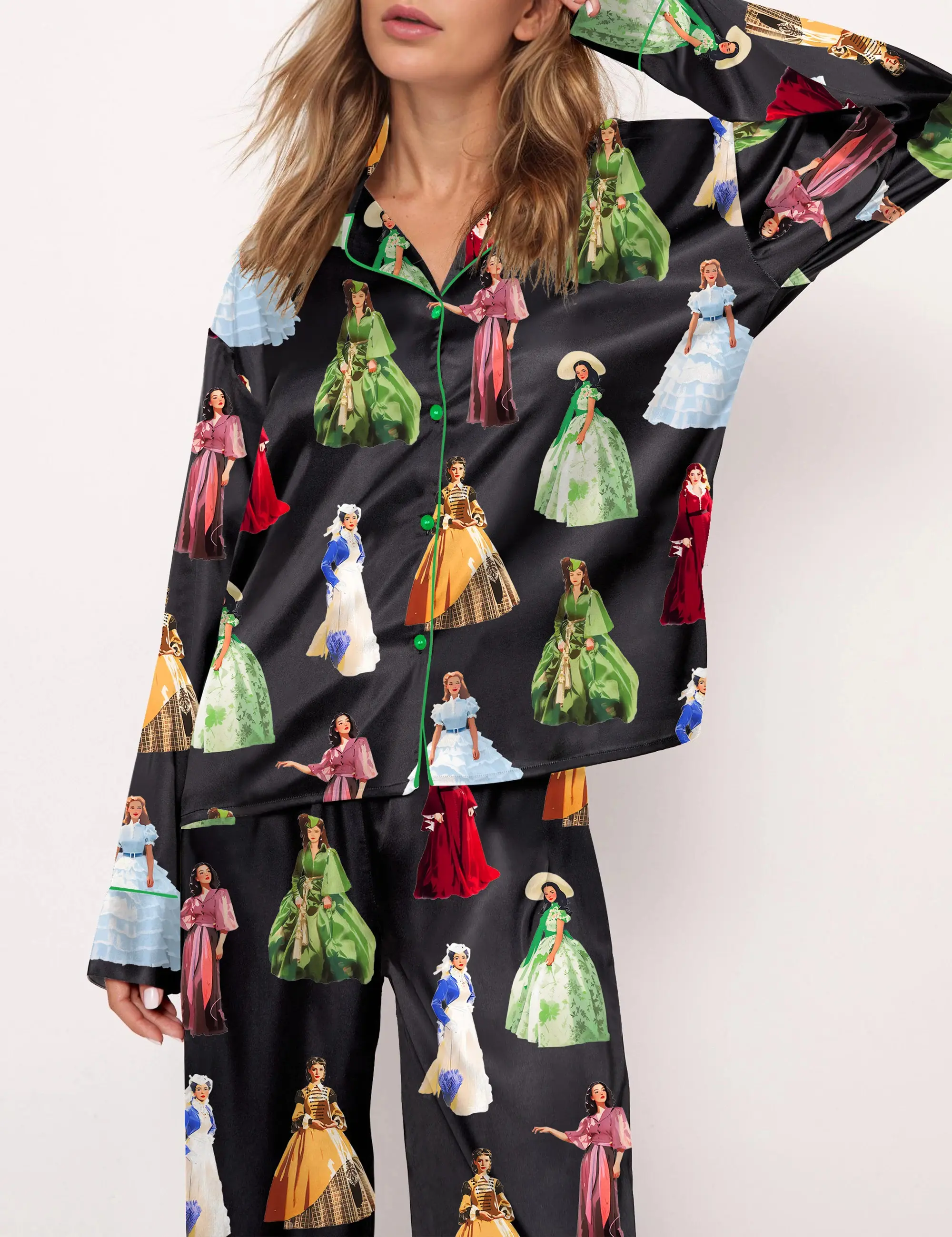 Scarlett Vintage Satin Pajama Set For Women, Vintage Gown Print Pajamas - Soft Satin Two-Piece