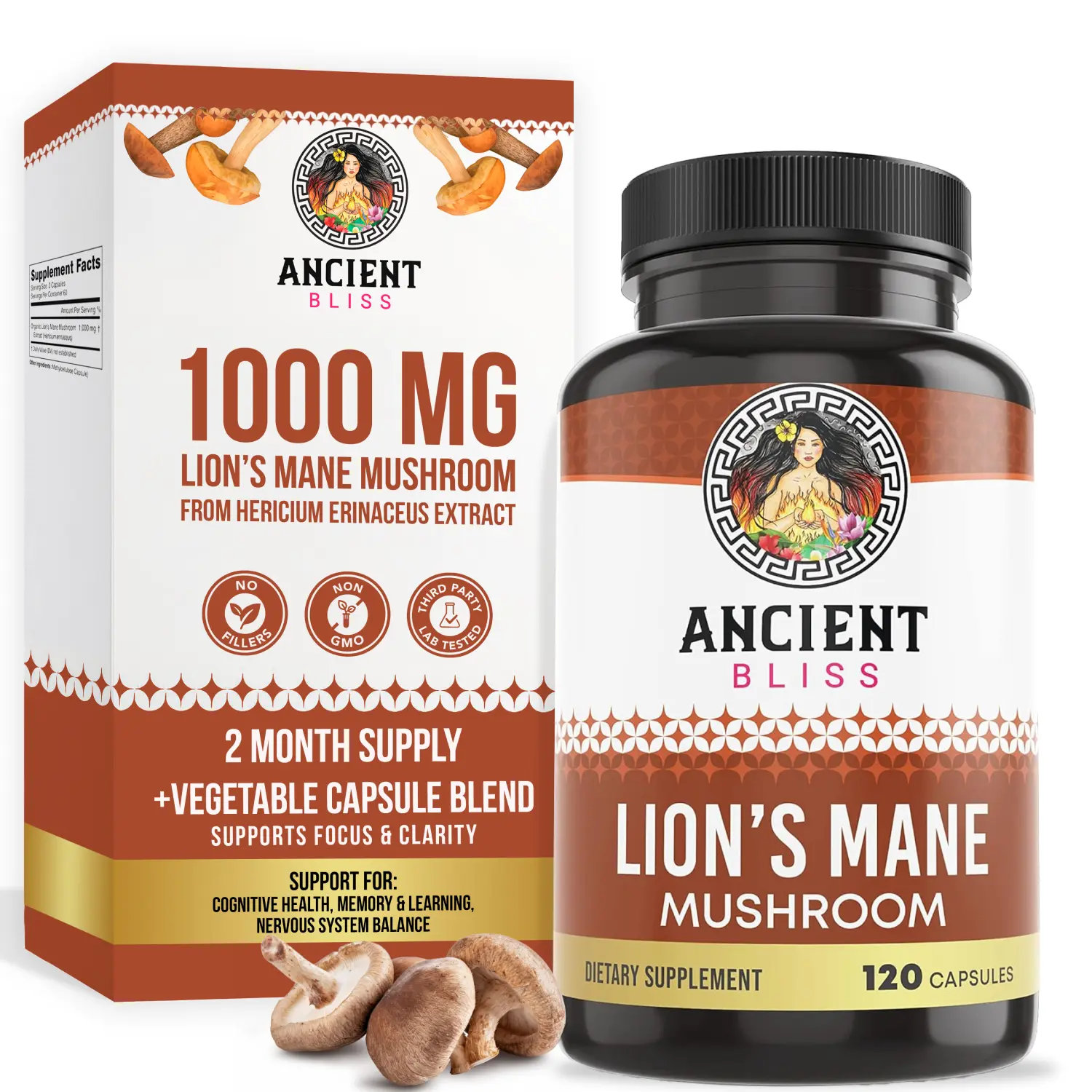 Ancient Bliss Lion's Mane Mushroom All Natural Brain Supporting Dietary Supplement - 120 Vegan Capsules - Brain Health, Mental Clarity, Energy, Focus - Immunity Booster - 2-Month Supply, All Natural Supplement, Brain Supporting Supplement