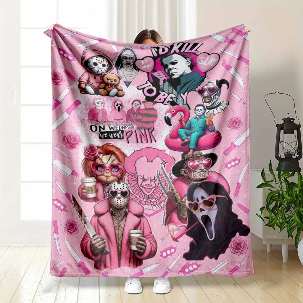 Horror Movie Character Flannel Blanket Aesthetic Pink Slasher Icon Pattern Soft Cozy Lightweight Warmth Breathable Fabric Ideal For Bedroom Living Room Couch Movie Night Birthday Gift Unique Home Decor Throw For Fans