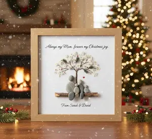 Pebble Art Gift for Mom Christmas | Custom Family of 4 Keepsake | "Always My Mom Forever My Christmas Joy" Quote | Mother Gift