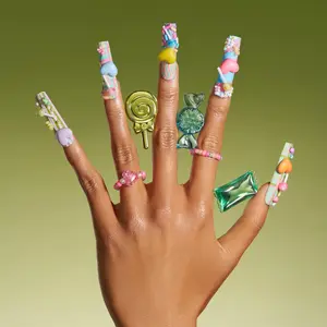 Fun 3D Square Press On Nails, Candy Charms, Painted Pastel Plaid and Striped Painted, Pink/Purple/Blue/Green, Long Lasting, Salon Quality, Reusable