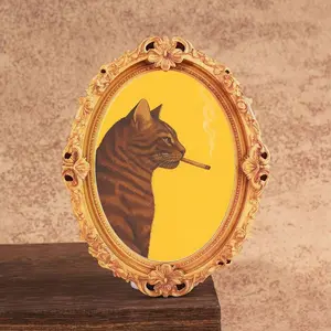 Vintage Oval Mini Frame Refrigerator Magnet, Creative Gift, Deep Tiger Cat Portrait, Fun Home Decor, Festive Holiday Present