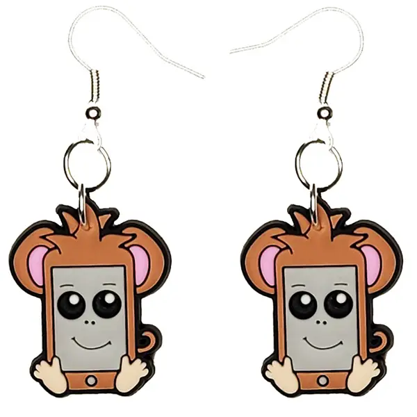 Cellphone Monkey Earrings Hypoallergenic Silver Plated Fishhooks Yazzle Dazzle Original Artwork Ape Gorilla Chimpanzee Banana Jungle Zoo Lion Tiger