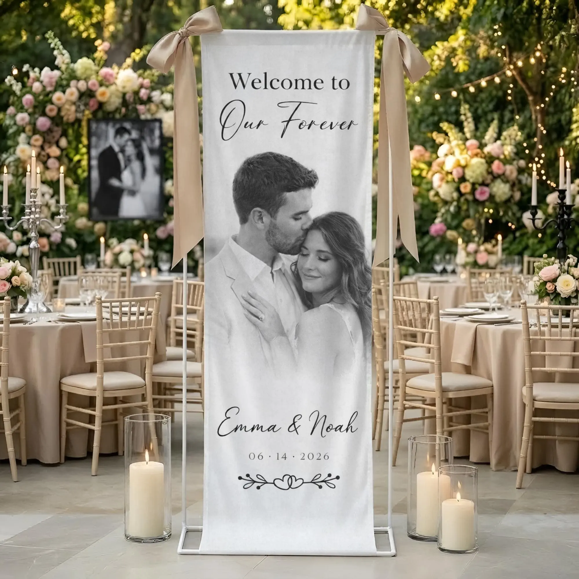 Personalized Linen Wedding Welcome Sign, Custom Photo Banner, Couple Portrait Decor, Party Welcome Sign, Gift for Couple, Fathers Day Gift