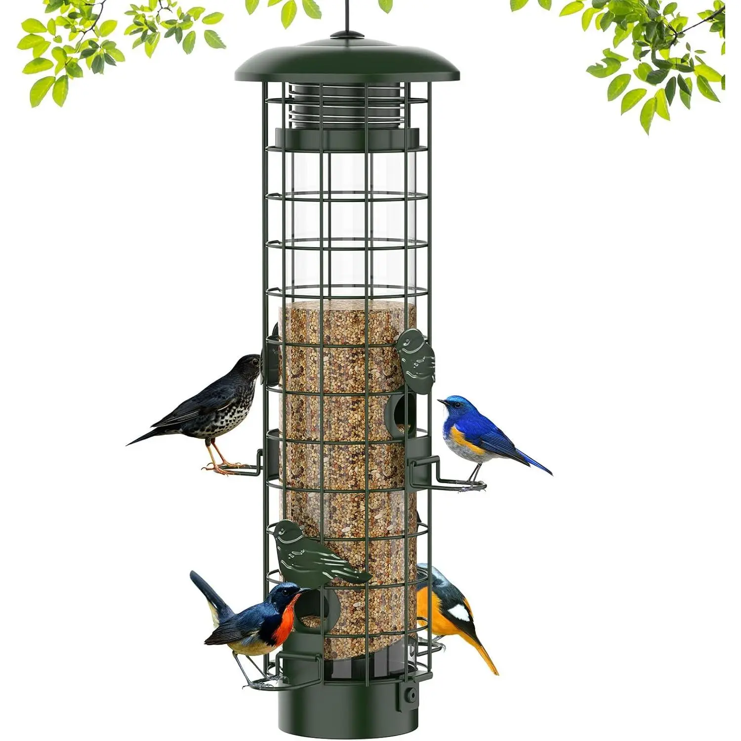 Squirrel Proof Bird Feeder,Metal Mesh Bird Feeders for Outdoors Hanging,Gravity Protection Squirrel Proof  Bird Feeders with Finch Cardinal Chickadee,3LB Large Capacity,Green
