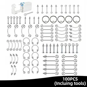 100PCS Multi-PieceBody Jewelry Set 14G 16G – Hypoallergenic 316L Surgical Steel Body Jewelry Set for Nose Tongue Belly Button Eyebrow Lip Cartilage – Nickel Free Starter Pack for Women Men
