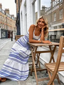 Blue Geometric Boho Chic Bohemian Halter Long Dress, Adjustable Thin Straps, Flowy A-Line, Perfect for Music Festivals, Women's Summer Fashion