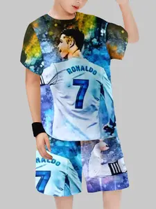 Cr7 Juventus No. 7 Theme Short Sleeve T-Shirt + Matching Shorts, Blue Gradient Abstract Background, Football Star Casual Sportswear Set