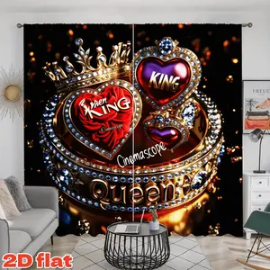 2D Flat 2Pcs King & Queen Crown Heart Diamond Curtains, Elegant Royal Jewel Themed Window Drapery, Semi-Sunshade Privacy Protection for Living Room Bedroom Balcony Kitchen Study Bathroom Decor, Anti Privacy.