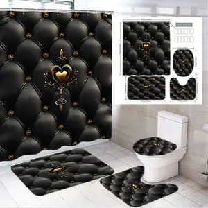 1/4pcs Luxury Black Tufted Leather-Like Shower Curtain Set with Gold Heart Floral Design, 4-Piece Bathroom Accessories (72x72" Curtain, Toilet Seat Lid Cover, Large & Small Bath Mats) - Perfect for Valentine’s Day, Anniversary, Romantic Home Decor