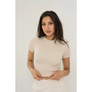 KIMBERLY Tee High Neck Ribbed Top in Beige for Women - Fit, Stretchy, Summer Wear, Ideal for Street Style