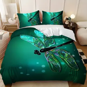 Bedding 3-piece set - 3PCS,Blue-Green Iridescent Dragonfly Design Down Comforter Set (1 comforter cover + 2 pillowcases, filling not included) -soft and comfortable, suitable for family bedrooms.