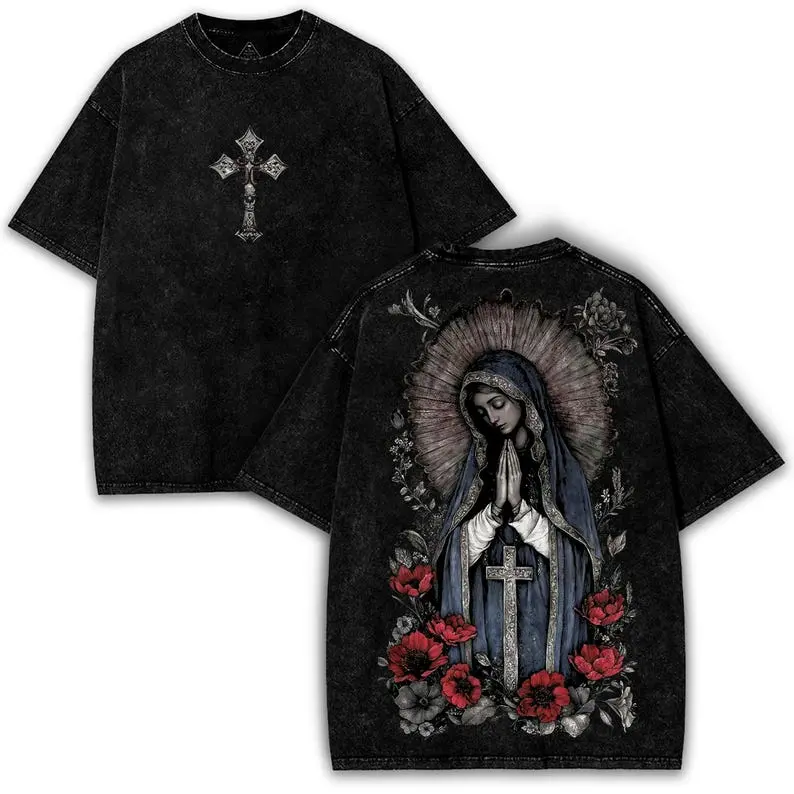 Men's Vintage Gothic Graphic Tee with Cute Figure Print, Washed Heavy Cotton Streetwear with a Round Neck and Short Sleeves