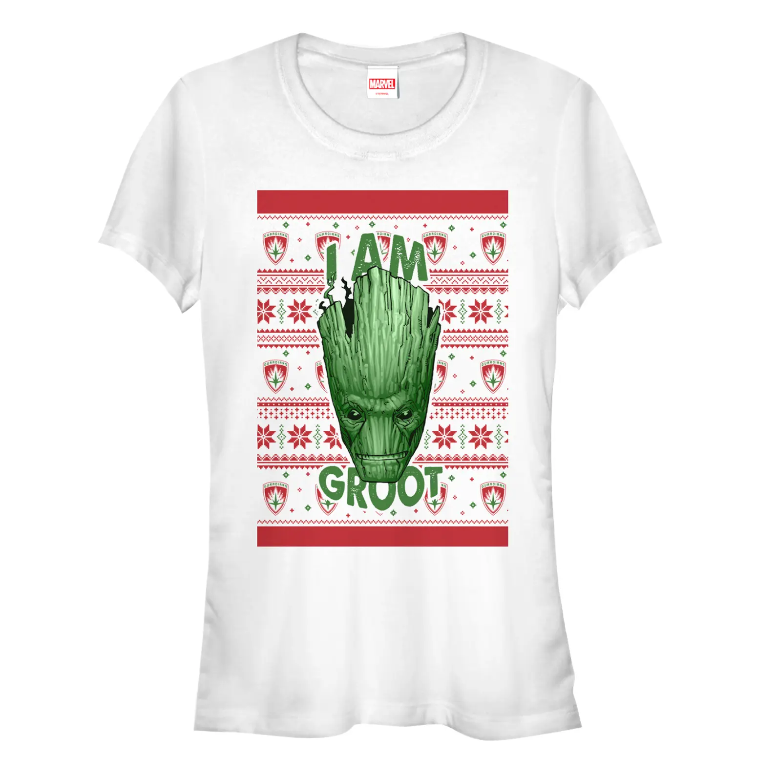 Juniors Womens Marvel Ugly Christmas Guardians of the Galaxy Groot Portrait T-Shirt