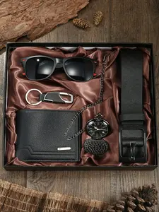 Vintage Fashion Men's Pocket Watch Quartz Movement Luxurious Set 5pcs, Includes Sunglasses, Belt, Wallet, Keychain, Perfect Gift for Various Occasions