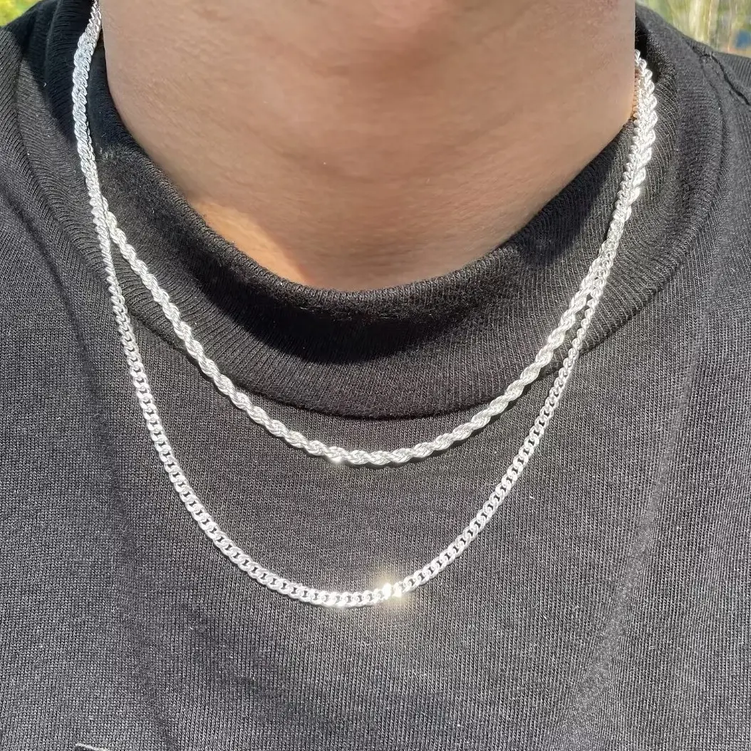 Virelyn B Men's 2-Piece 3mm Layered Cuban Link & Rope Chain Necklaces Set, 18-28in Silver Trendy Summer Vibes Jewelry, 2 piece sets for Boyfriend Anniversary & Birthday Gifting, Gifts For Boyfriend, Birthday Gifts For Bf, Stylish Accessories
