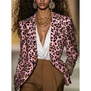 Plus Size Women's Slim-Fit H-Cut Lapel Single-Breasted Blazer Jacket in Pink & Black Leopard Print High-End Polyester Fabric Fitted for Professional & Casual Wear All-Season Versatile Women's Outerwear - Suit Elegant Womenswear Long Sleeve Dusty Rose