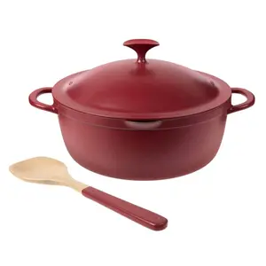Cast Aluminum All Day Pot with Wooden Spoon - Red Finish, Durable Design, Ideal for Everyday Cooking Cookware
