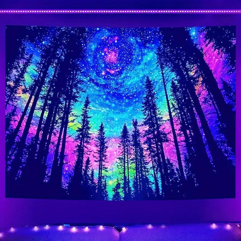 UV Black Light Neon Colorful Polyester Galaxy Forest Tapestry Banner,  Home Decor for Game Room, Dorm, Indoor Outdoor Use,family,reactive,last,suitable
