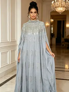 Women's Luxurious Light Blue Abaya Long Dress, Silver Color Sequins, Batwing Sleeves, Elegant Kaftan Evening Gown, Wedding Party Wear