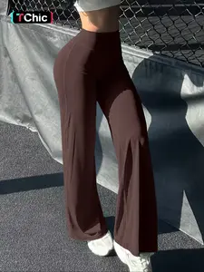 Womens High Waisted Wide Leg Flare Bootcut Yoga Pants Stretchy Knit Soft Lounge Palazzo Trousers Athleisure Slimming Fit Long Length Loose Workout Casual Streetwear Tummy Control Minimal Solid Chocolate Brown Travel Comfy Pants